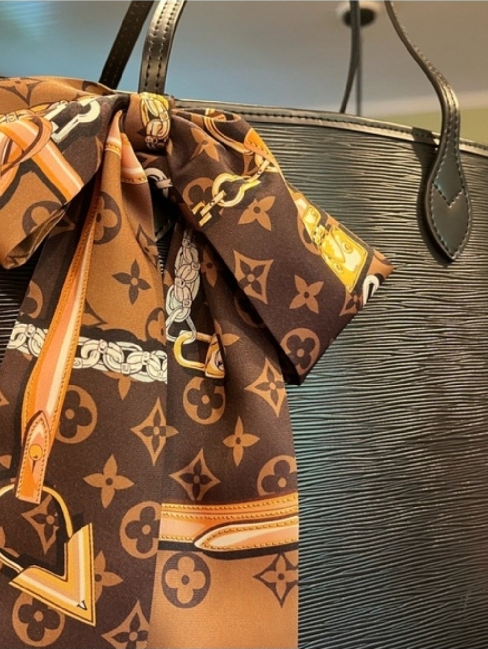 Luxury clover flower brown gold Pattern Scarf LONG 44” W3” easy tie on bag
